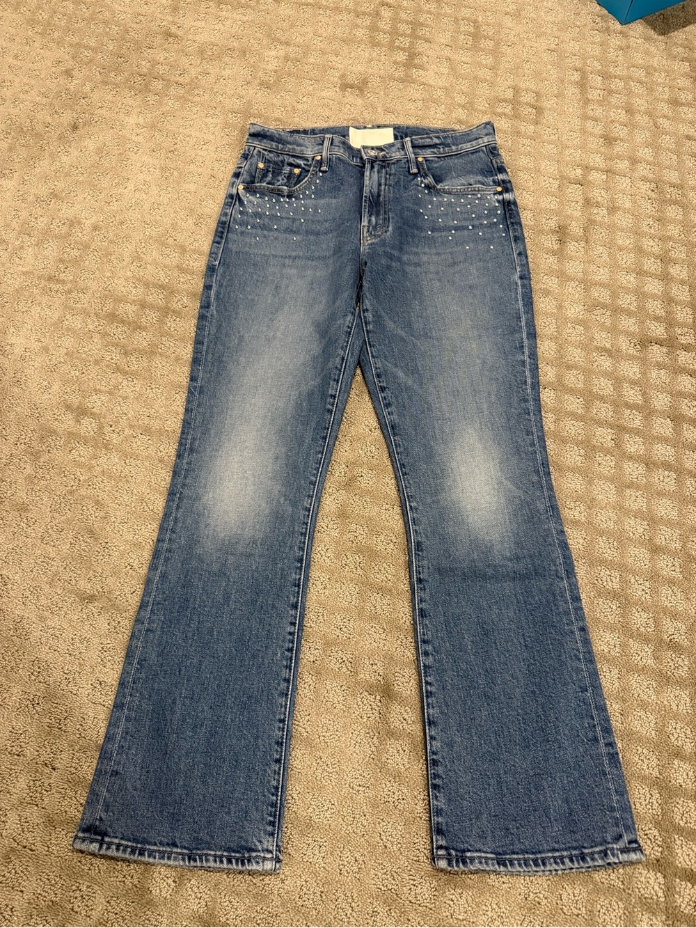 MOTHER Blue Flare Jeans with Stud Embellishment